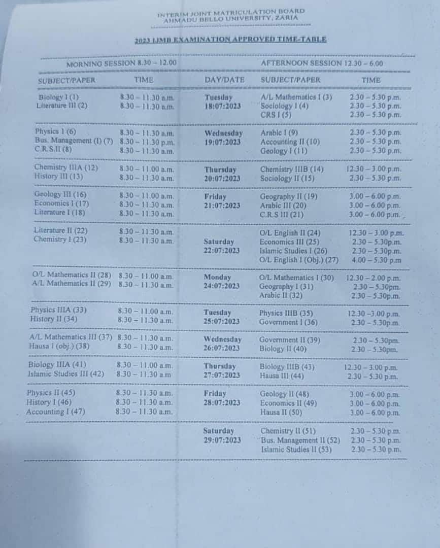 IJMB timetable 2023